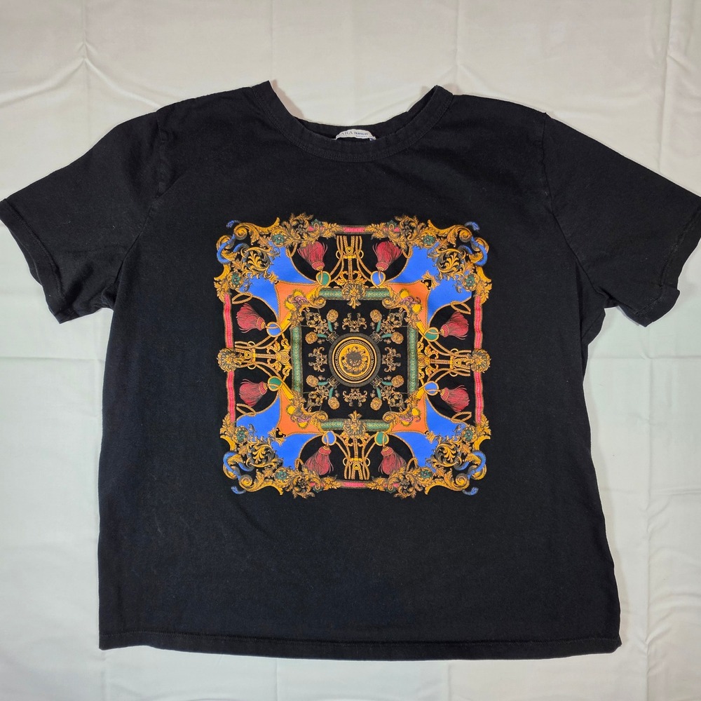 Zara Trafaluc Womens Black Baroque Graphic T-Shirt Ornate Tassel Print Large